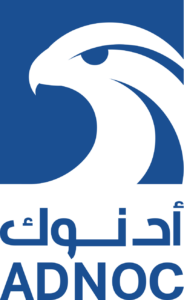 A blue background with white lines swirled into the form of an eagle stern with a hooked beak and the capital letters adnoc