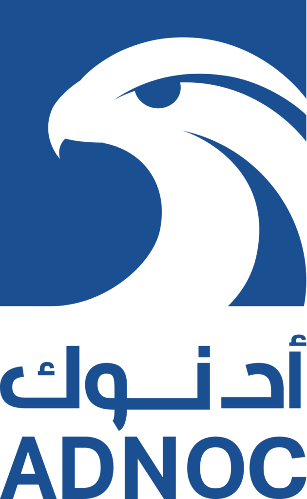 A blue background with white lines swirled into the form of an eagle stern with a hooked beak and the capital letters adnoc