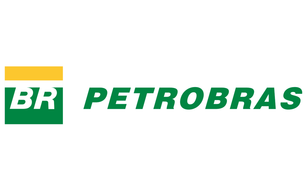 A square flag shape made of three horizontal lines coloured yellow, white, green, there is a cutout of the letters BR in the last part and PETROBAS follows