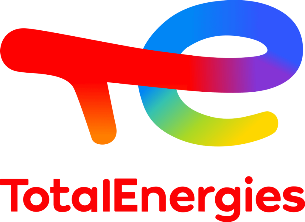 A coloured graphic connecting the first two letters of the logo together with colours like purple, red and green, with the words total energies beneath