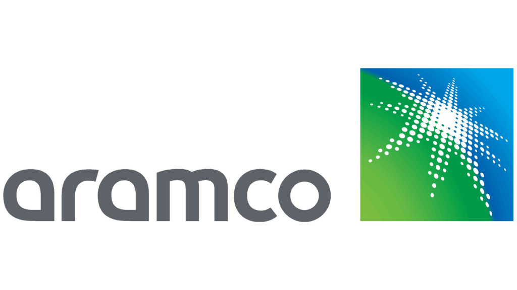 The logo aramaco from left to in center and stopping right before the square image split by arching blue and green divide and covered by a dotted star